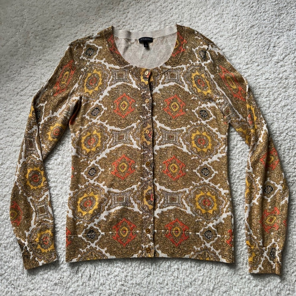 Talbots Cardigan Medallion Paisley Metallic Lurex Small Gold Orange Shimmer Knit